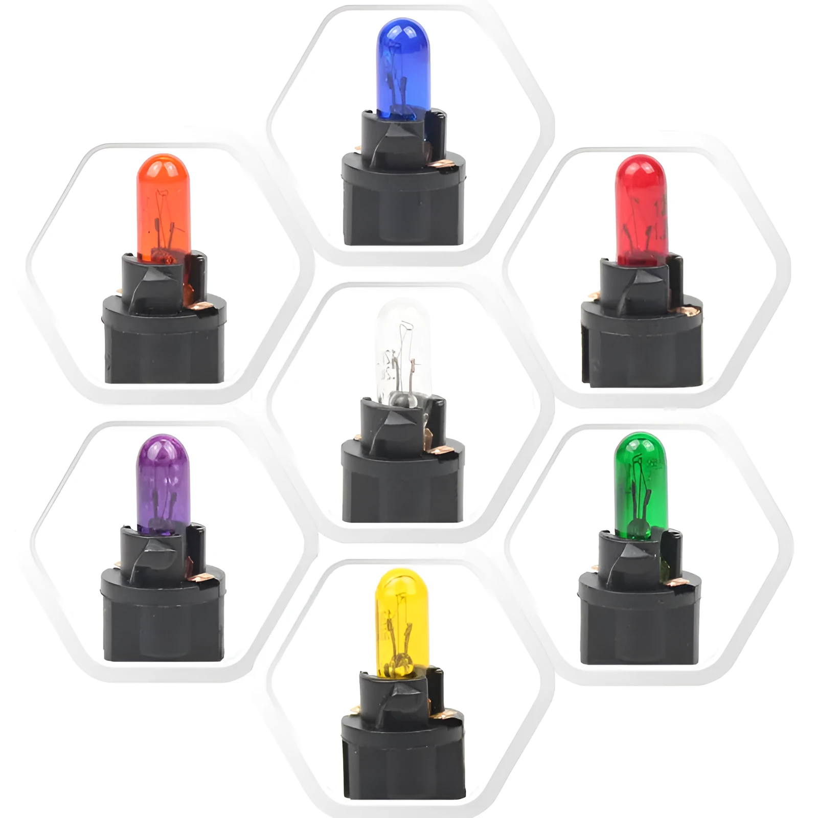 T5 12 volt 1.2 watt car dashboard indicator light bulb in red, blue, green, amber, yellow, and purple colours.