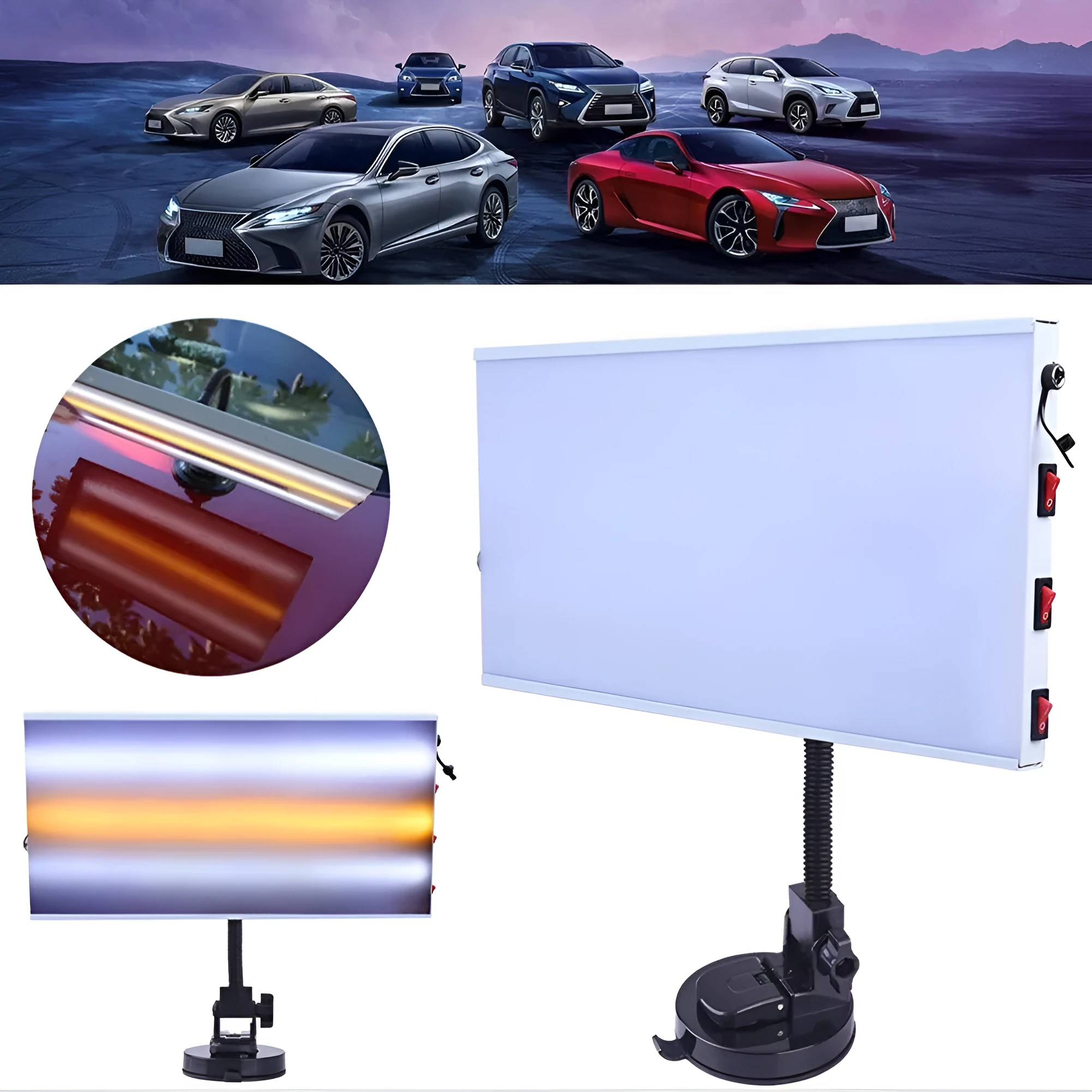 White car dent repair detector kit with concave inspection light