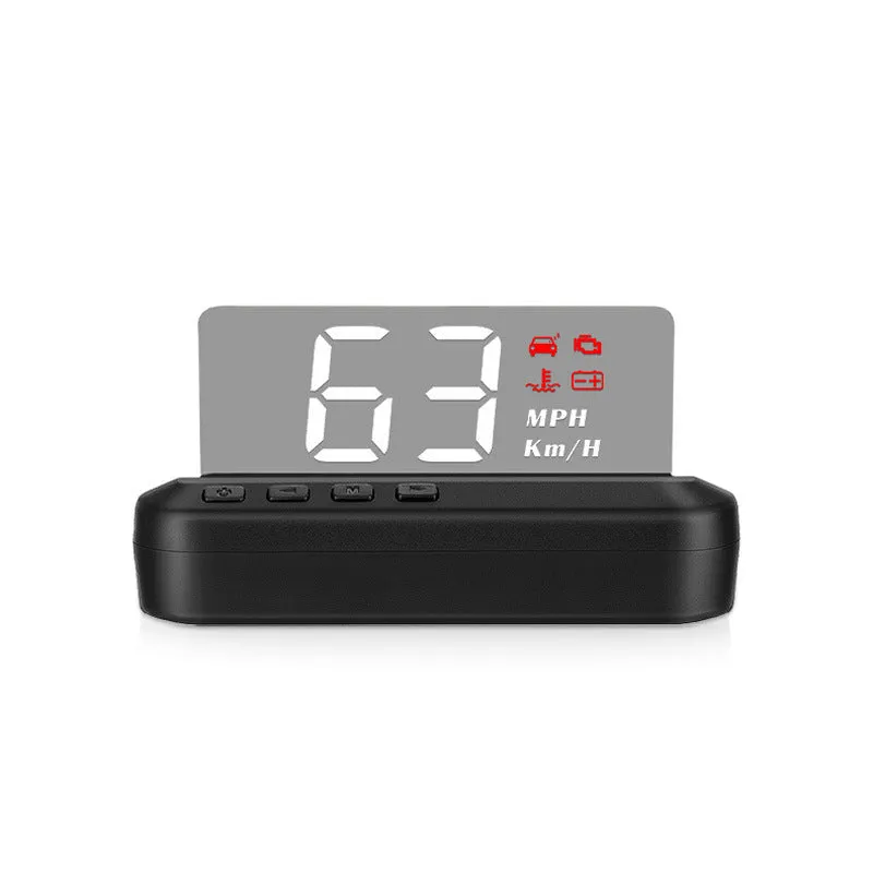Black car head up display unit with OBD connector and 2.0 inch screen.