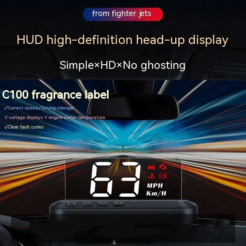 Black car head up display unit with OBD connector and 2.0 inch screen.