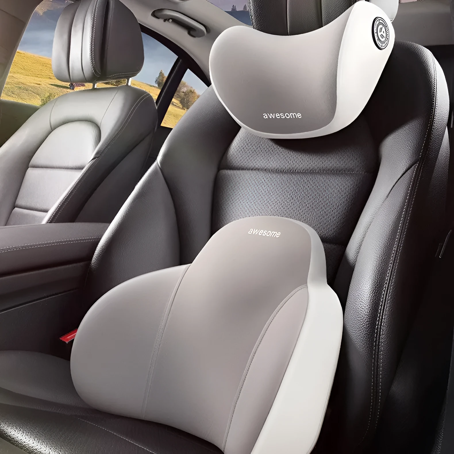 Automotive headrest and lumbar support pillows with memory foam filling and cotton covers in multiple colour options