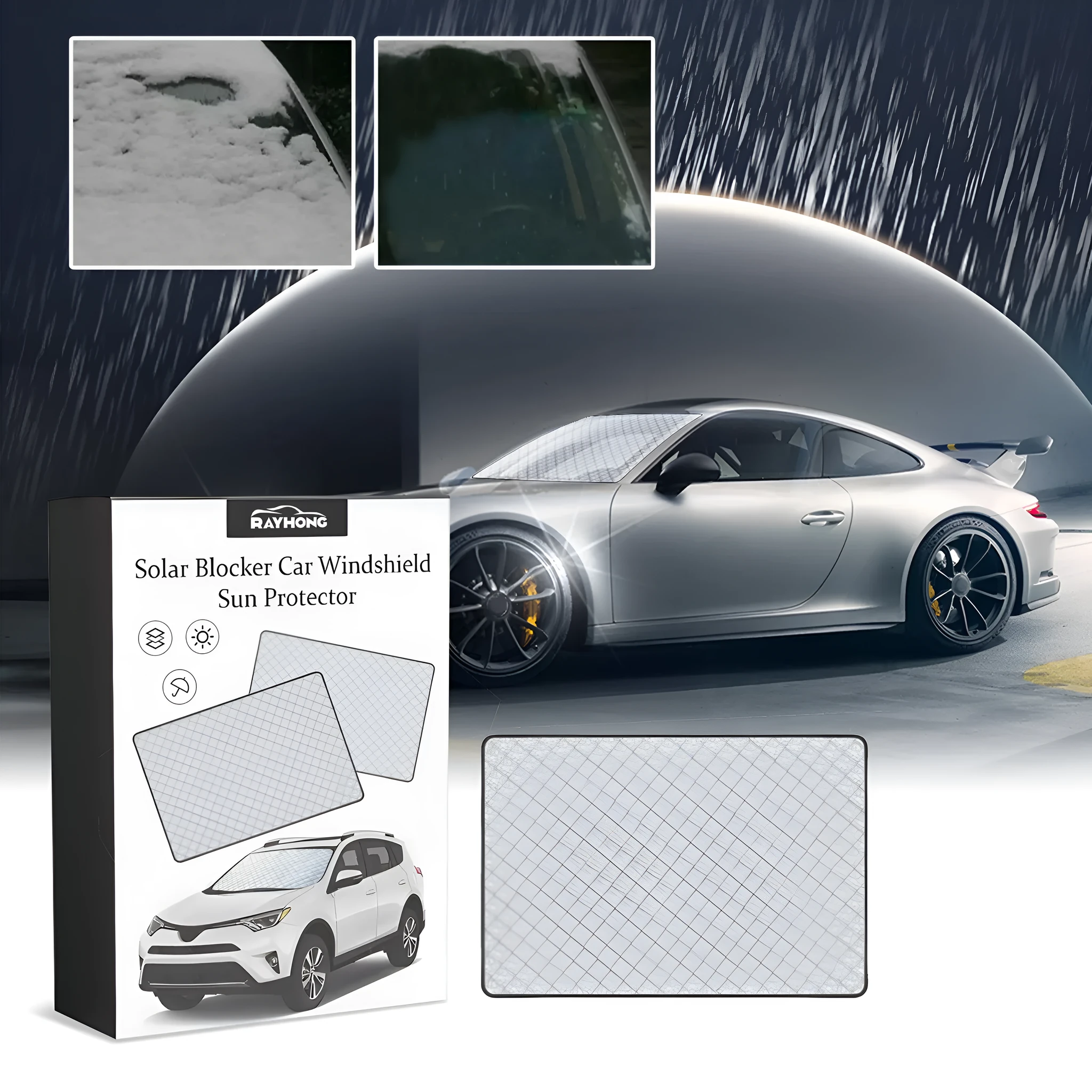 Front car windscreen aluminium film frost cover measuring 140 by 95 cm with reflective surface