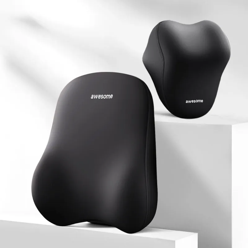 High-grade automotive headrest lumbar support pillow set in memory foam with polyester cover, Y-black colour option on a car seat