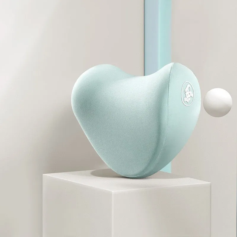 Heart-shaped car pillow in choice of colours, shown as headrest and lumbar support on a car seat.