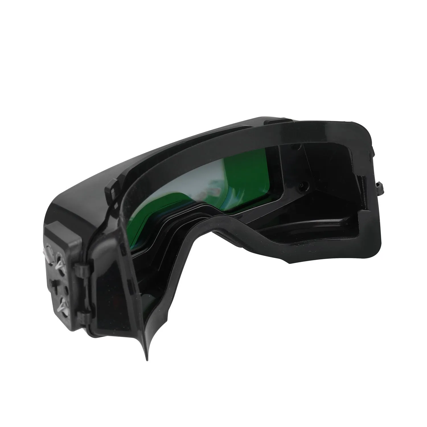 Black automatic darkening welding mask showing the large rectangular viewing lens and head strap.