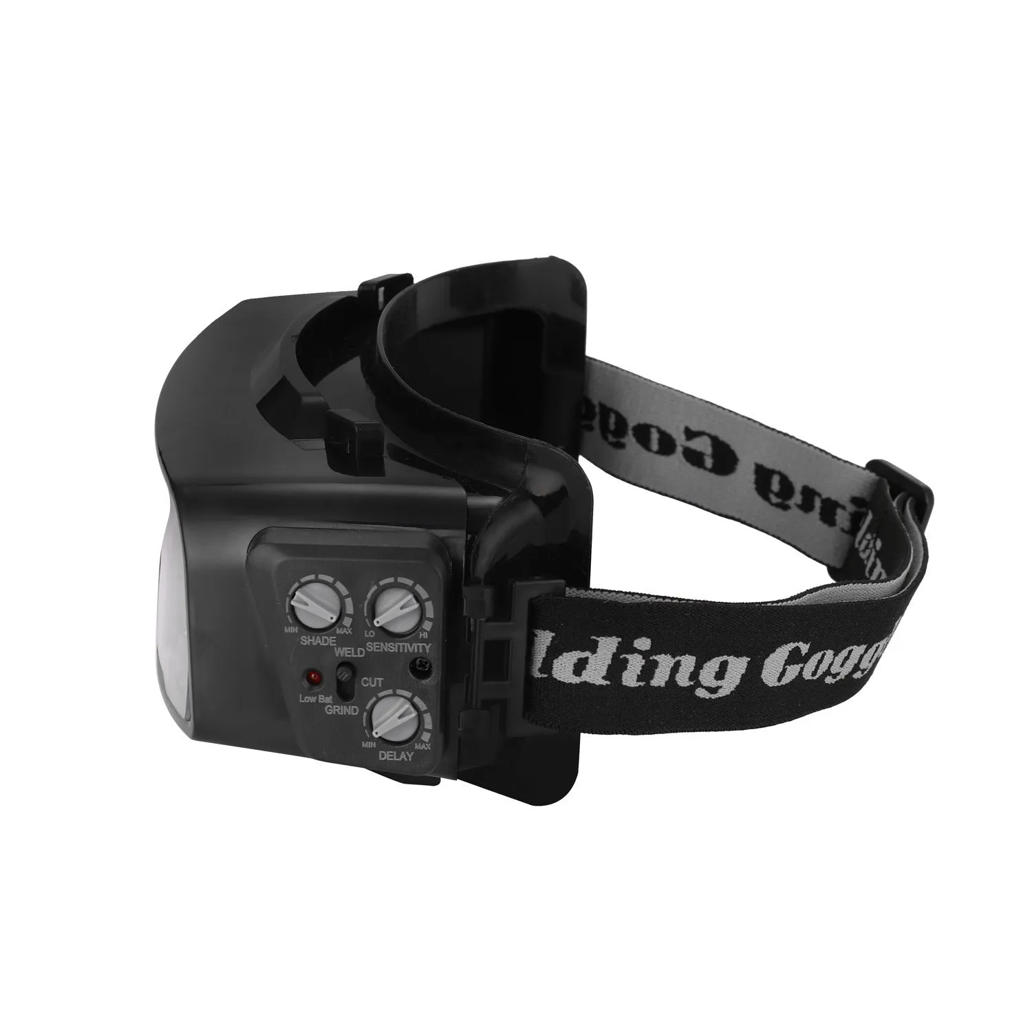 Black automatic darkening welding mask showing the large rectangular viewing lens and head strap.