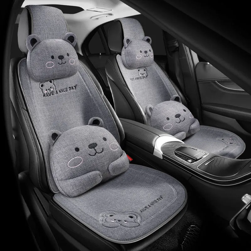 Car cushion set with headrest and lumbar support pillows in linen covers