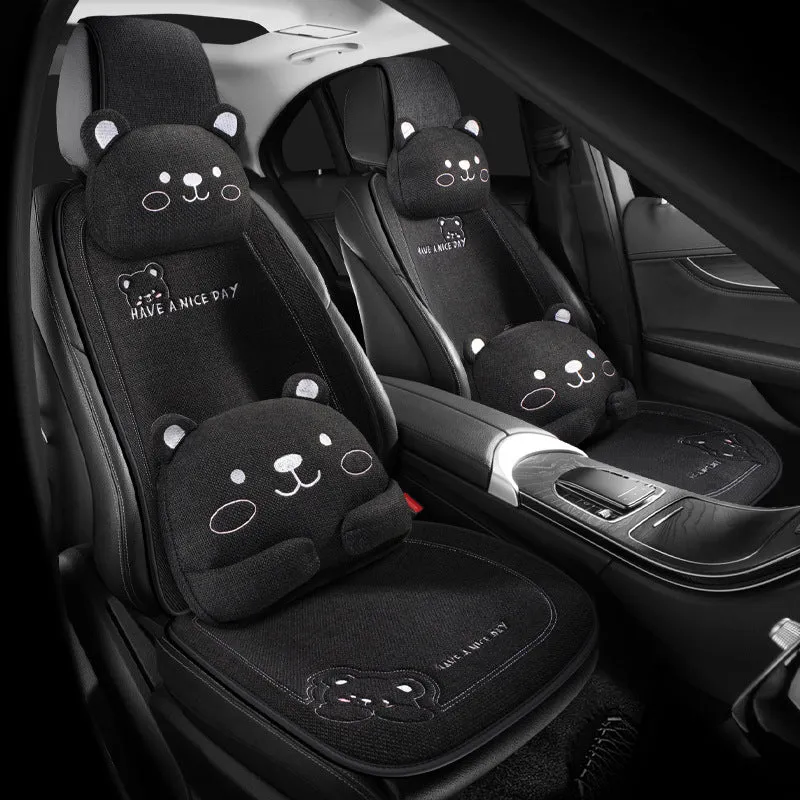 Car cushion set with headrest and lumbar support pillows in linen covers