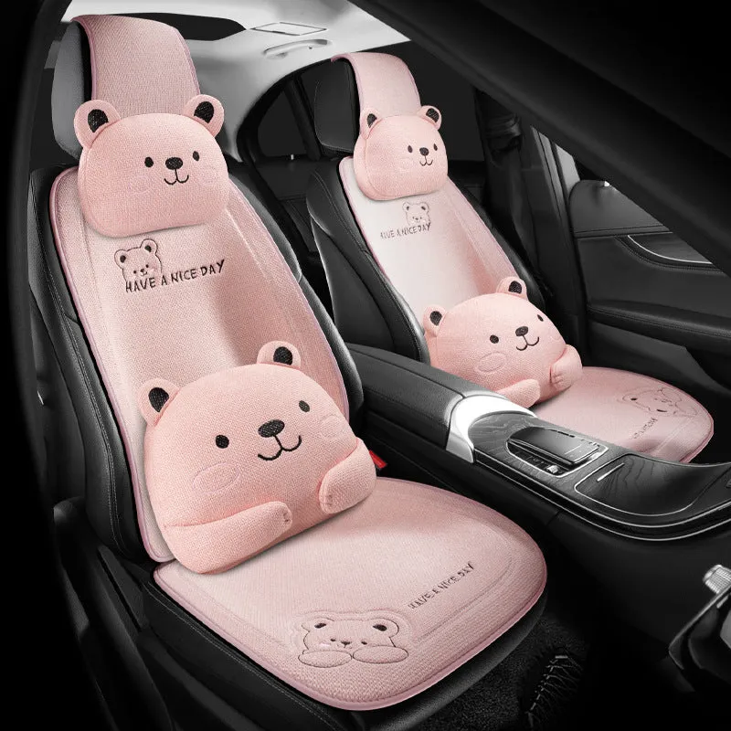 Car cushion set with headrest and lumbar support pillows in linen covers