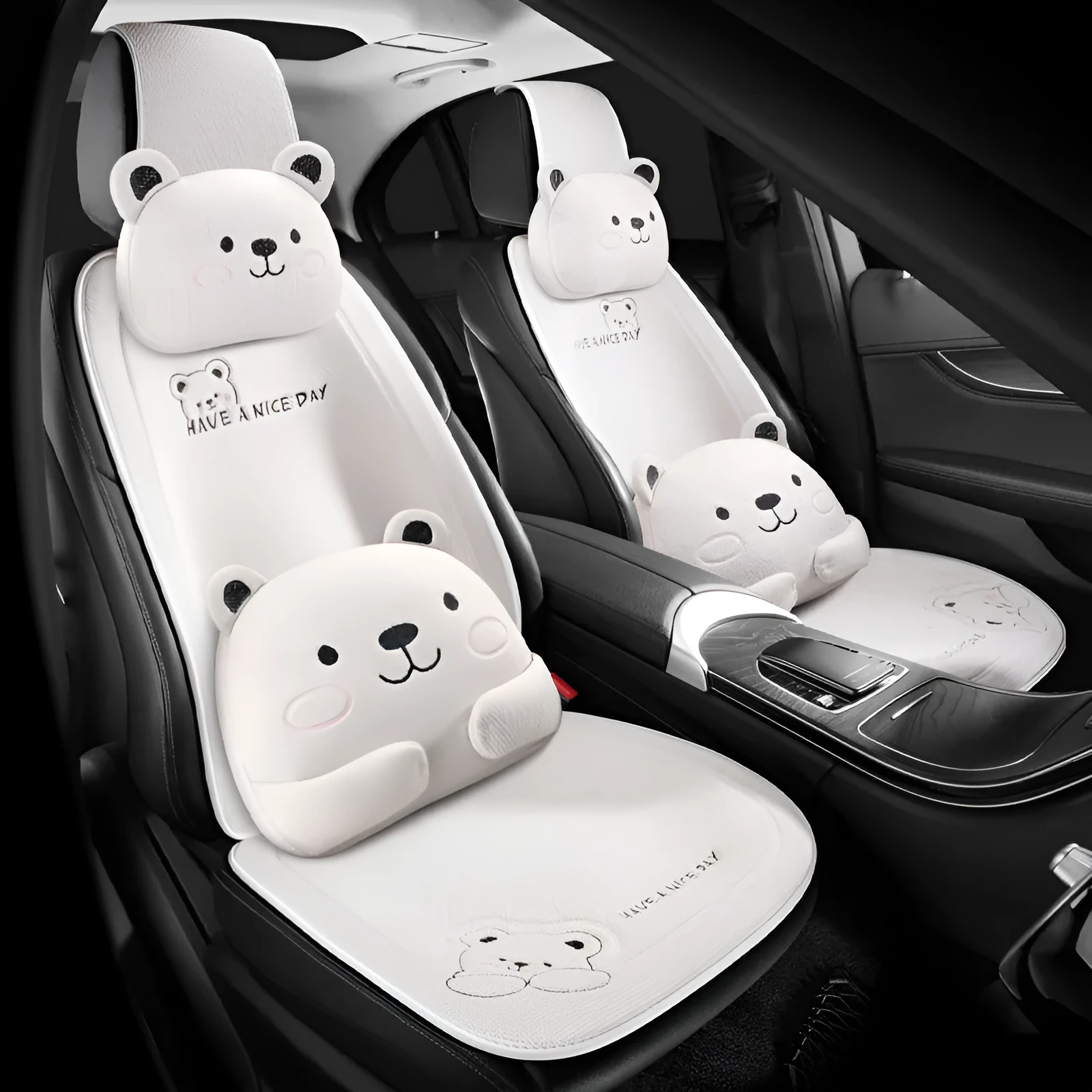 Car cushion set with headrest and lumbar support pillows in linen covers