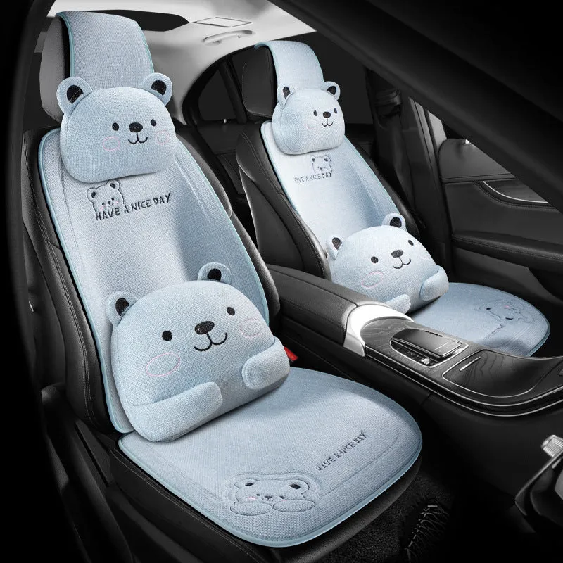 Car cushion set with headrest and lumbar support pillows in linen covers