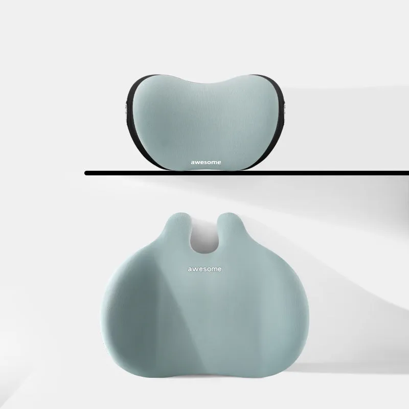 Automotive headrest and lumbar support pillow set in coordinated colours for car comfort