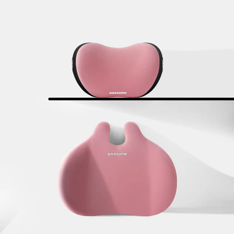 Automotive headrest and lumbar support pillow set in coordinated colours for car comfort