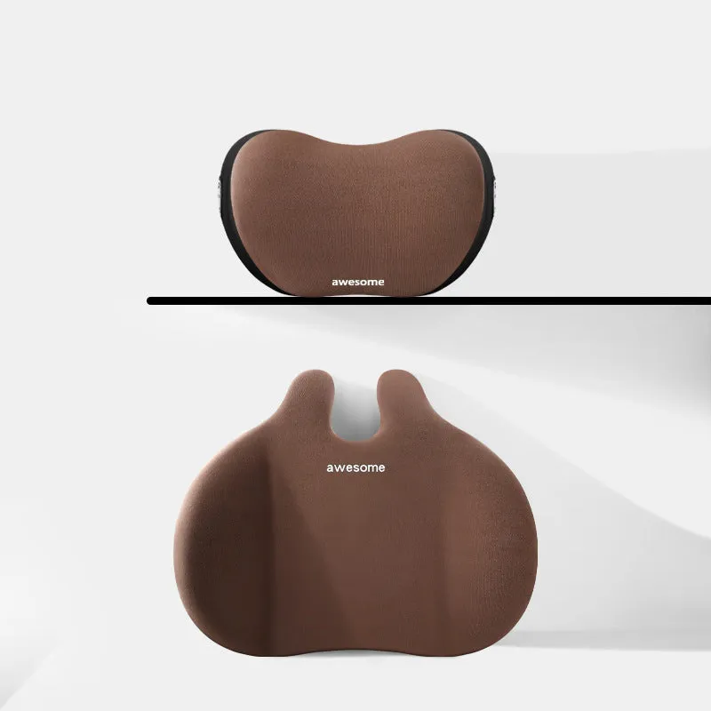 Automotive headrest and lumbar support pillow set in coordinated colours for car comfort