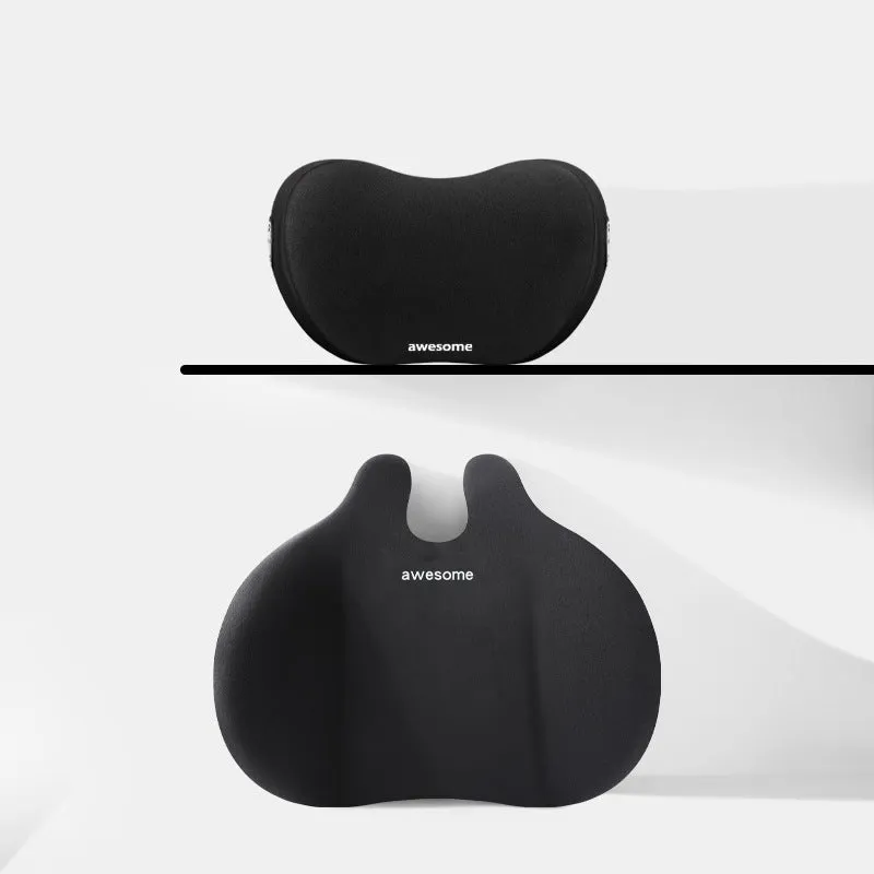 Automotive headrest and lumbar support pillow set in coordinated colours for car comfort