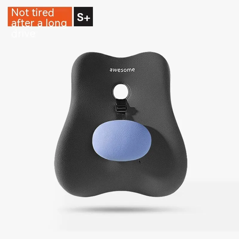 Black lumbar support pillow with memory foam filling and a textured imitation brocade cotton cover for car and office use.