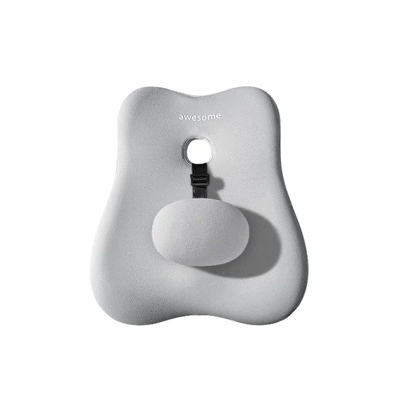 Black lumbar support pillow with memory foam filling and a textured imitation brocade cotton cover for car and office use.