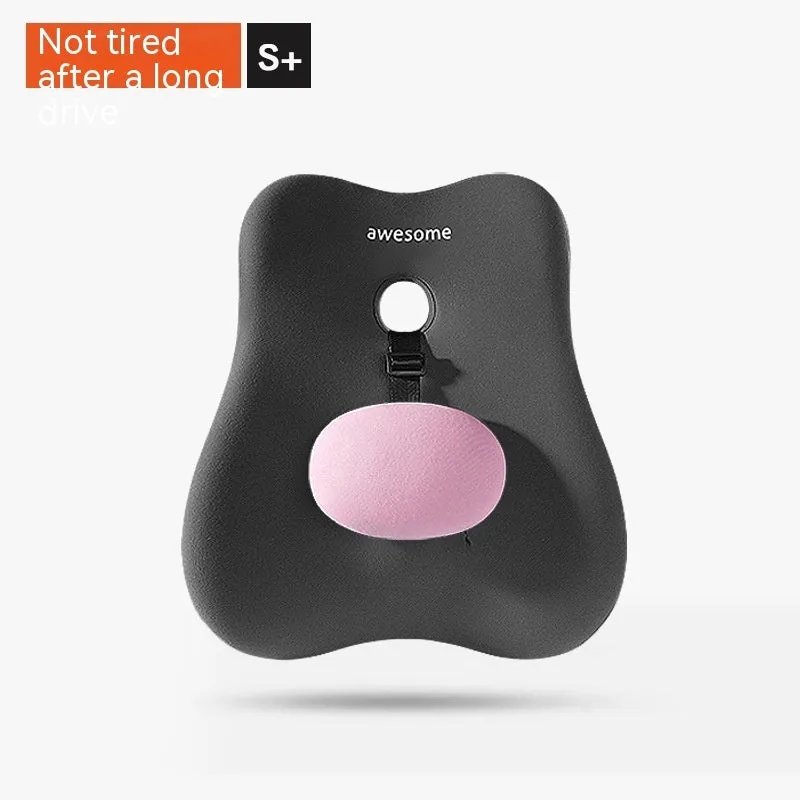 Black lumbar support pillow with memory foam filling and a textured imitation brocade cotton cover for car and office use.