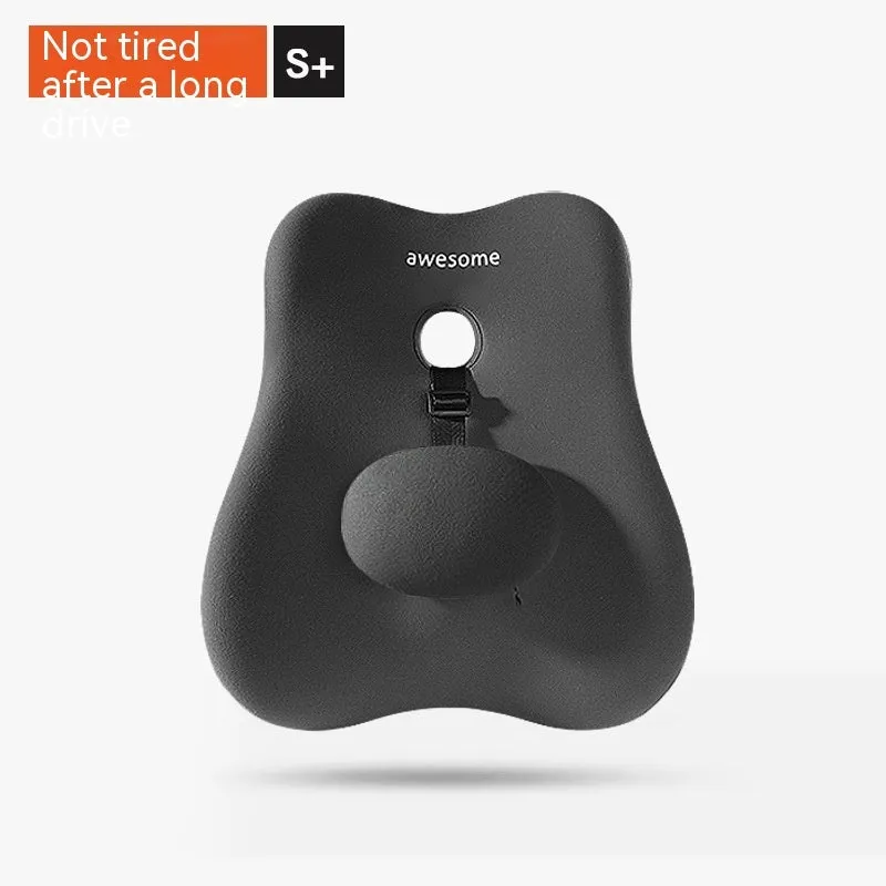 Black lumbar support pillow with memory foam filling and a textured imitation brocade cotton cover for car and office use.