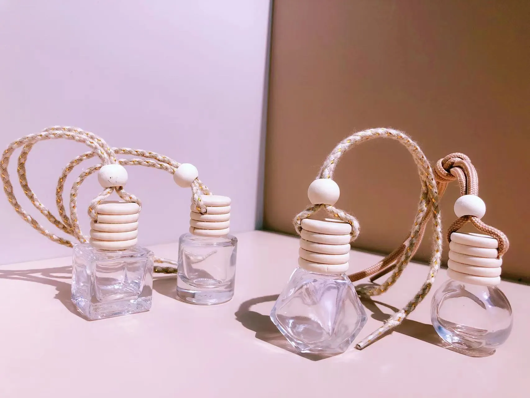 Car perfume pendant fragrance with glass bottle in cylinder, diamond, flat drum and square options
