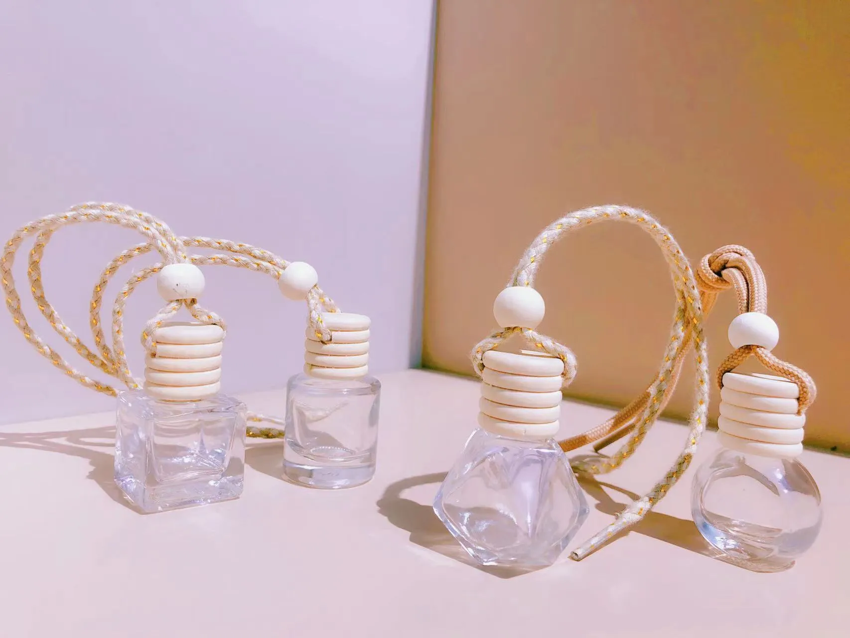 Car perfume pendant fragrance with glass bottle in cylinder, diamond, flat drum and square options