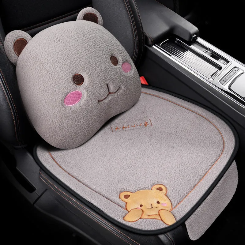 Car cushion winter plush three-piece set showing square cushion and lumbar support pillow