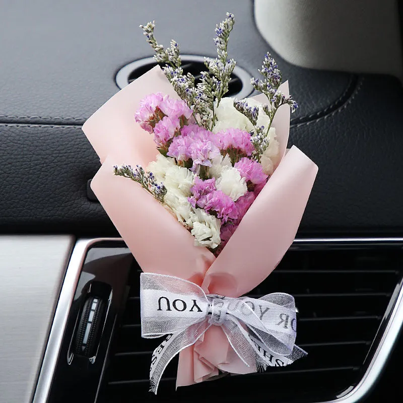 Dried flower bouquet and scented slice car air freshener set for air vents in various colours.