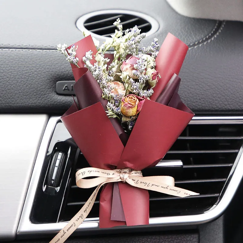Dried flower bouquet and scented slice car air freshener set for air vents in various colours.