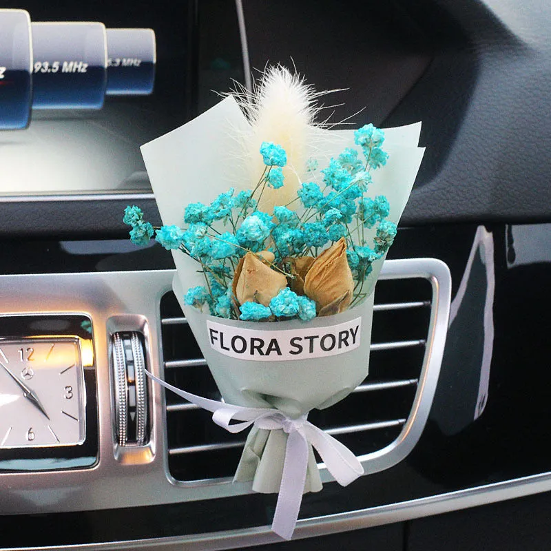 Dried flower bouquet and scented slice car air freshener set for air vents in various colours.