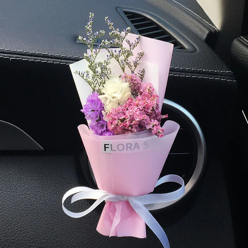 Dried flower bouquet and scented slice car air freshener set for air vents in various colours.