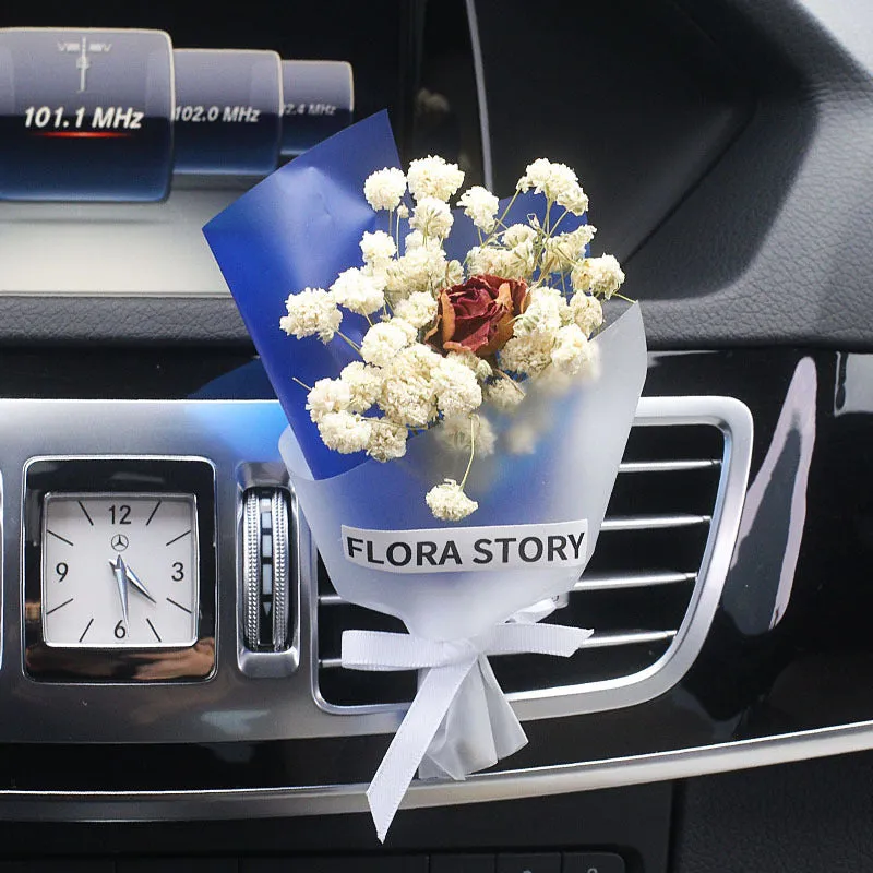 Dried flower bouquet and scented slice car air freshener set for air vents in various colours.