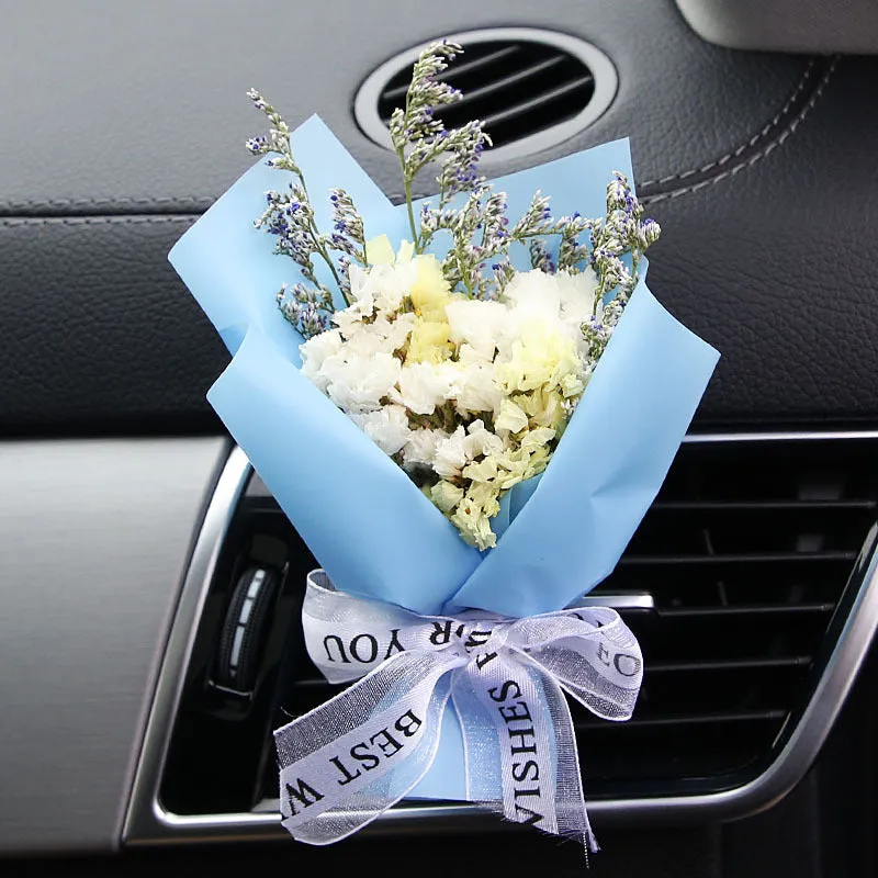 Dried flower bouquet and scented slice car air freshener set for air vents in various colours.