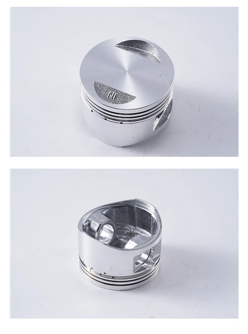 Motorcycle engine piston kit showing aluminium alloy construction with 57.4mm diameter measurement