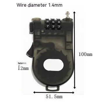 Retractable bicycle motorcycle helmet lock with ABS plastic housing and 1 metre wire rope cable extended