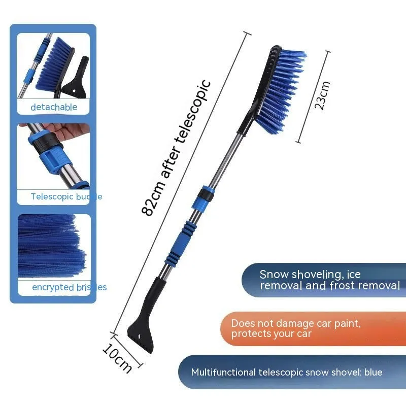 Yellow and blue telescopic car snow brushes with long handles for winter vehicle defrosting