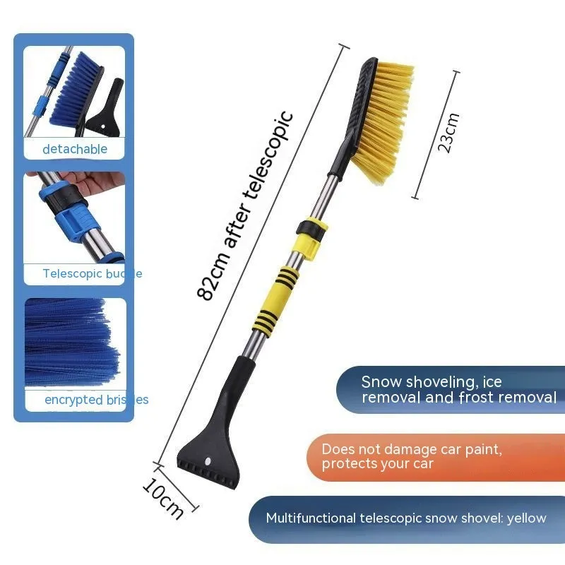 Yellow and blue telescopic car snow brushes with long handles for winter vehicle defrosting
