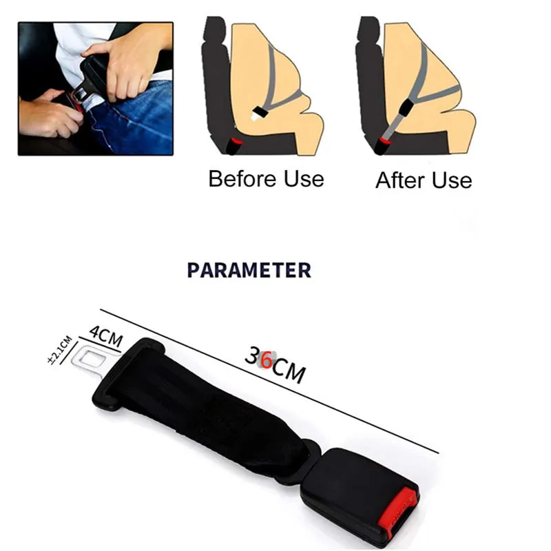 Black 36cm ribbon car seat belt extender for children and pregnant women.
