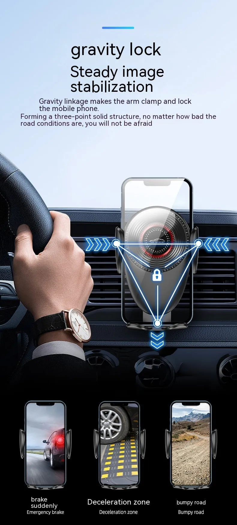 Black car mobile phone bracket mounted on car air vent for hands-free use
