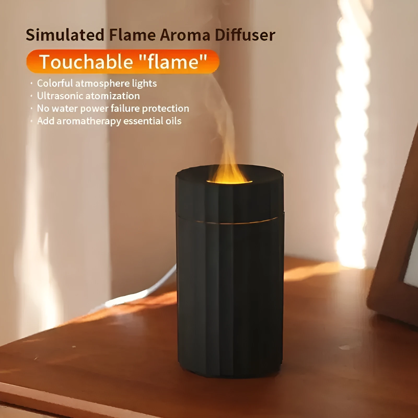 Black and white air humidifier with flame effect lighting and essential oil diffuser function