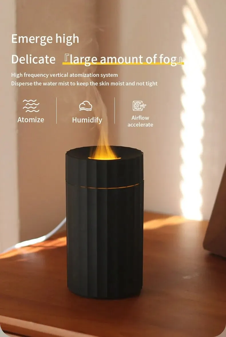 Black and white air humidifier with flame effect lighting and essential oil diffuser function