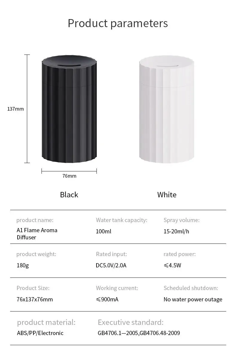 Black and white air humidifier with flame effect lighting and essential oil diffuser function