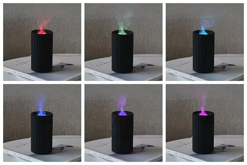 Black and white air humidifier with flame effect lighting and essential oil diffuser function