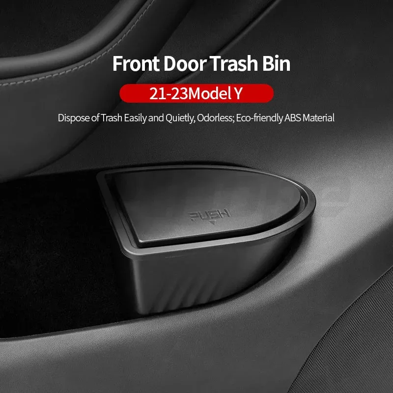 Two black plastic car trash cans designed for Tesla Model Y door pockets.