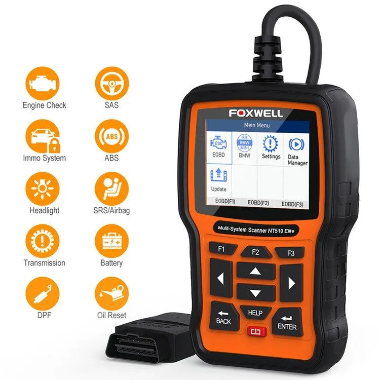 Foxwell NT510 orange and black automotive diagnostic scanner with data cable on a workshop bench.