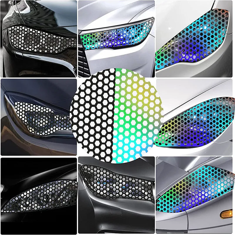 Honeycomb pattern adhesive sticker for car taillights in black, carbon, or colourful finishes, 48x30 cm.