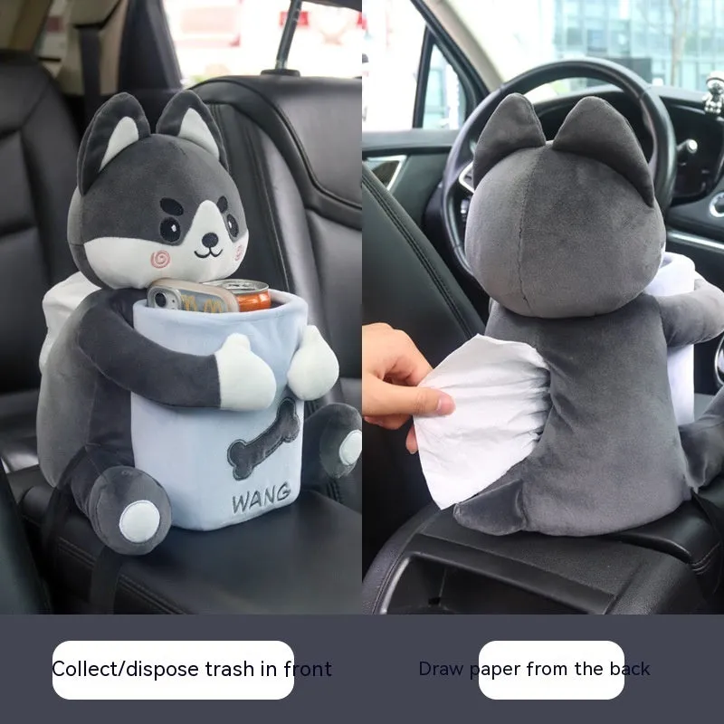 Plush hanging car tissue box for vehicle armrest with canine design options