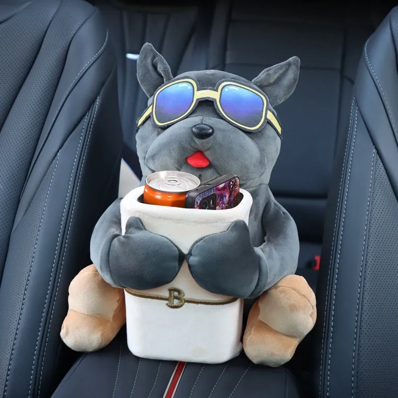 Plush hanging car tissue box for vehicle armrest with canine design options