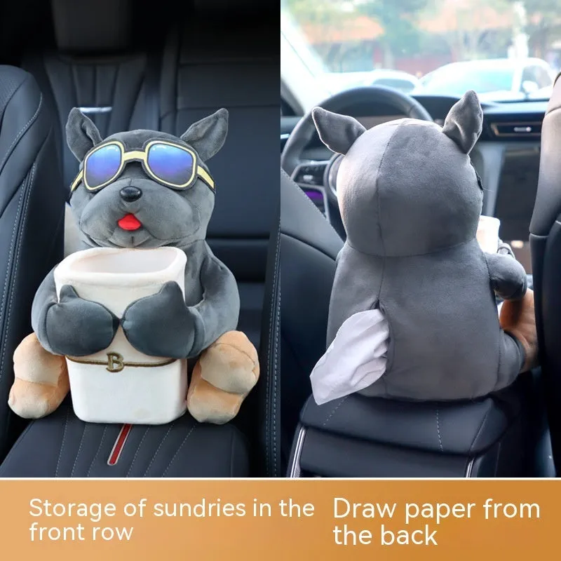 Plush hanging car tissue box for vehicle armrest with canine design options