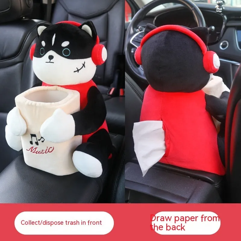Plush hanging car tissue box for vehicle armrest with canine design options