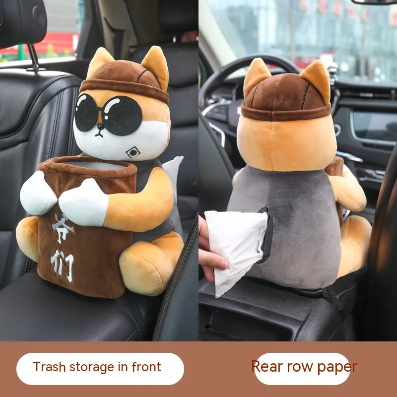 Plush hanging car tissue box for vehicle armrest with canine design options